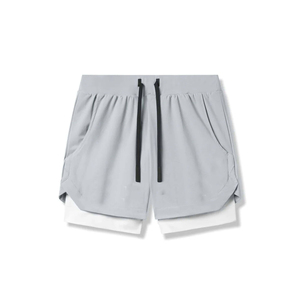 Custom Light Gray 2 In 1 Gym <b>Shorts</b> <b>Mens</b> Compression Liner Quick Dry Training <b>Shorts</b> <b>With</b> <b>Zipper</b> <b>Pockets</b> For Running - Product Image 1