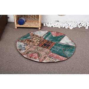 Tapis Patchwork Vintage Vert Beige Laine 3.3X3.2 pieds Rectangulaire Grande Surface Motif Abstrait pour Couloir-Latex Soutenu Viscose - Product Image 1