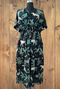 Kaftán Largo de Algodón Puro para Mujer, Cuello en V, Estampado de Jungla Negro, Ropa de Dormir Transpirable para Uso Durante Todo el Año, Verano e Invierno - Product Image 4