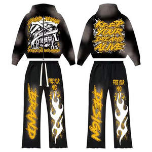 Trajes de jogging personalizados para hombre, traje de sudor lavado con ácido, sudadera con cremallera y pantalones de chándal, conjunto de chándal con estampado de hojaldre acampanado - Product Image 5