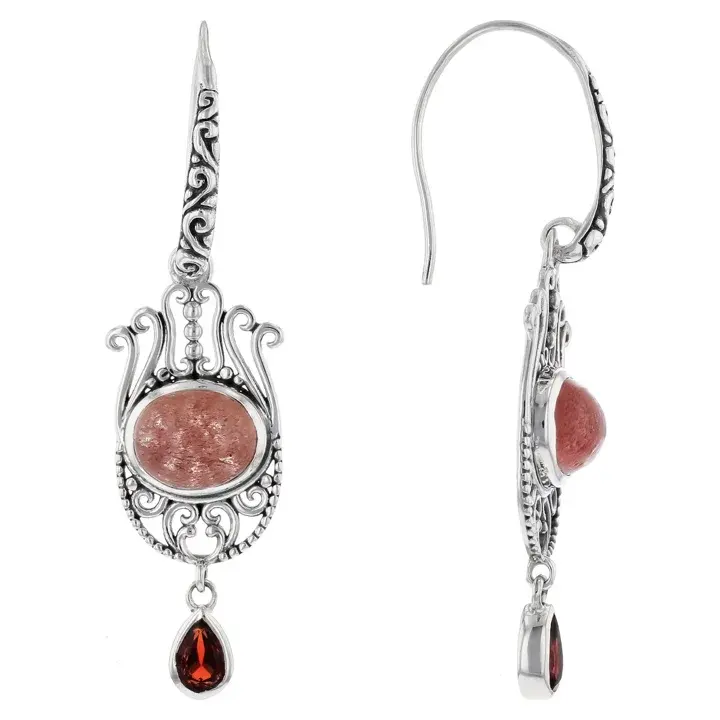 Anting-anting Juntai perak murni Hamsa Garnet merah muda stroberi kuarsa dan batu permata indah perhiasan perak elegan untuk wanita