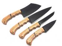 Juego de cuchillos de chef de acero al carbono de 4 piezas hechos a mano con mango de madera de olivo y cuchillas de Damasco ultra afiladas que incluyen bolsa de cuero
