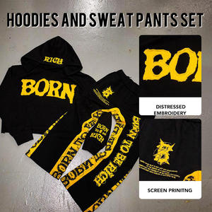 Survêtement Homme 550gsm Broderie Personnalisée Sweats à Capuche Pantalon de Survêtement Broderie en Détresse Sérigraphie Lourde Logo Avant - Product Image 5