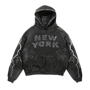 Glory Custom Sweat à capuche oversize pour homme, populaire, de haute qualité, avec imprimé lettres et croix en strass, à épaules tombantes classiques, effet délavé - Product Image 1