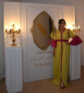 Caftan en soie moutarde et magenta Vêtements musulmans marocains respirants avec manches fantaisie Robe décontractée impressionnante - Product Image 3