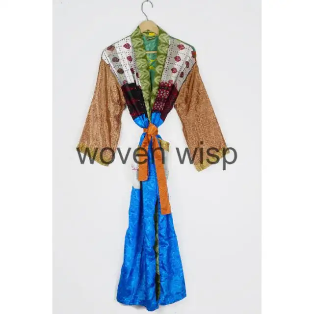 Produsen grosir pakaian tidur wanita Vintage pengantin Kimono pengiring pengantin jubah patchworkmotif sutra gaun rias Natal