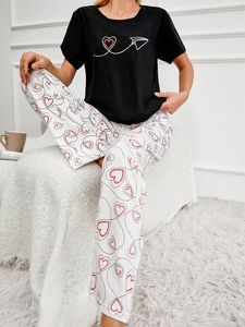 Quantité minimale de commande bas grande taille grande taille femmes col rond manches courtes haut et pantalon long ensemble de pyjama confortable - Product Image 3