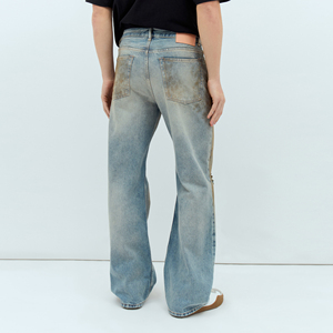 Jeans taille moyenne personnalisés en détresse fermeture éclair cinq poches logo arrière patch coton bleu lavage en machine jean froid pour hommes - Product Image 5