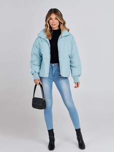 Unisex Light Blue <b>Sheep</b> <b>Skin</b> Cotton Filled Waterproof Eco-Friendly Winter Fleece <b>Jacket</b> Zip Front Hooded Cozy Casual Outerwear - Product Image 6