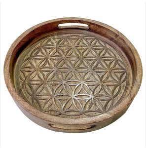 Bandeja de servicio redonda de madera de mango de Color quemado con asas Venta caliente | Bandeja redonda tallada a mano de madera para servir y uso de decoración - Product Image 4