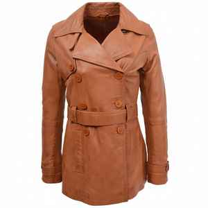 Chaqueta de Motociclista de Cuero Marrón para Mujer, Doble Botonadura, con Cinturón, Estilo Vintage, Larga, Transpirable - Product Image 1