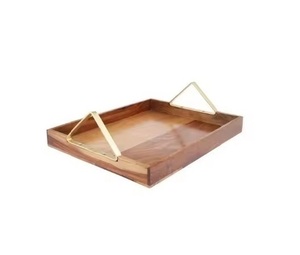 Bandeja de servicio de madera antigua de madera natural Precio al por mayor Tamaño personalizado Mango de metal Bandeja de madera Servicio de café para restaurantes - Product Image 1