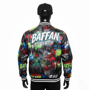 Chaqueta de Satén de Lujo, Tela Suave y Ligera con Colores Vibrantes de Grafiti y Logotipo Personalizado en Toda la Superficie, Chaqueta Sublimada para Hombre - Product Image 2