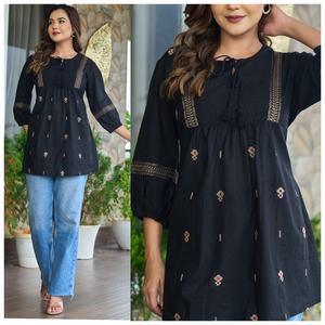 Femme Neeta Création A-ligne Coton Tunique Rose Blanc Indien Motifs Ethniques Brodé 3/4 Manches D'été Dentelle Décoré Top - Product Image 2