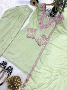 Nuevo Lanzamiento: Salwar Kameez Tradicional de Diseñador, Estilo Farshi, para Fiestas, Top de Algodón y Seda con Borde Elegante, Mangas Largas, Secado Rápido, Aspecto Elegante - Product Image 5