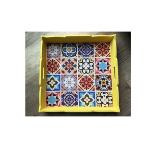 Colorido Meena Acacia madera ecológica grabado a mano indio decorativo lujo arte tradicional único hogar bandeja de servicio - Product Image 2