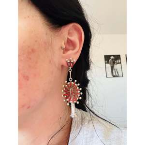 Lana Waatsa 18K Gold Diamond & Red Coral Drop <b>Earrings</b> with Sterling Silver Cluster Blossom <b>Post</b> Dangle for Weddings - Product Image 2