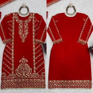 Heavy Faux Georgette listo para usar completamente cosido pesado bordado secuencia trabajo Kurti Gharara Sharara Dupatta conjunto para mujeres - Product Image 6