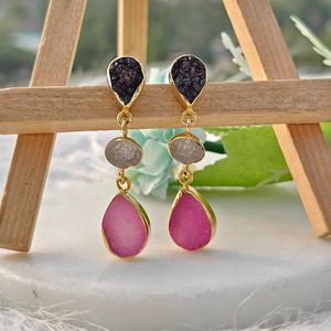 Pendientes Elegantes al por Mayor con Triple Piedra de Ágata Azucarada, Chapados en Oro de 18K, con Piedra Ovalada en Forma de Pera, Joyería Larga y Moderna para Mujer - Product Image 6