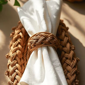 Rond de serviette en rotin tissé naturel idéal pour la décoration de table de style ferme et la présentation de repas à la maison d'inspiration côtière - Product Image 1