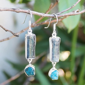 925 <b>Solid</b> Sterling <b>Silver</b> Classic Style Drop <b>Earrings</b> Raw Rough Cut Jewelry Natural Blue Kyanite and Apatite Stone - Product Image 1