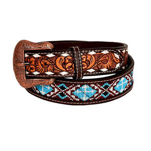 Ceinture en cuir classique western authentique, ornée de fleurs perlées, faite à la main, pour hommes et femmes, bleue, avec boucle en alliage de zinc cousue, largeur 40 mm - Product Image 1
