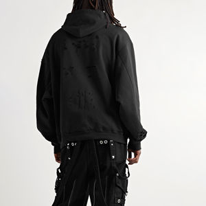 Sudadera con capucha de gran tamaño bordada serigrafiada personalizada para hombre invierno pesado 100% algodón Sudadera con capucha desgastada negra con OEM - Product Image 3