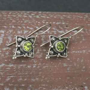 Handmade <b>Sterling</b> <b>Silver</b> Peridot <b>Earrings</b> Bezel <b>Set</b> Flower Design Gemstone Jewelry Gift For Women - Product Image 5