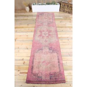 Tapis turc vintage, tapis Herki 3,1x12,1 pieds, tapis en laine géométrique rose gris - Product Image 1