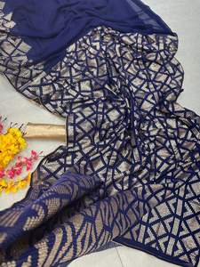 Sari de trabajo de secuencia bordada Georgette azul marino con estilo moderno con pieza de blusa para fiestas de boda para damas - Product Image 5