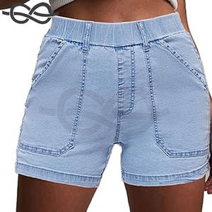 Pantalones cortos de mezclilla de cintura alta para mujer Pantalones cortos casuales de mezclilla elásticos de algodón de verano con bolsillos para comodidad y estilo - Product Image 5