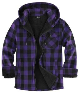 Premium Men's Thick Plaid Fleece <b>Jacket</b> with Sherpa Lining Full Zip Hooded Winter Streetwear Purple & Black - Product Image 1