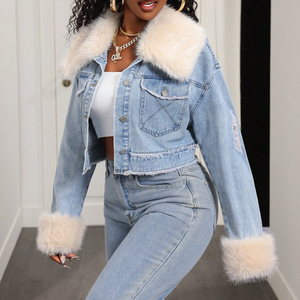 Vestes courtes en denim délavé tendance européennes et américaines, coupe ajustée, veste bleue tendance pour femmes, bord brut bleu - Product Image 4