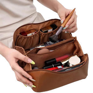 Trousse de maquillage pliable et pratique en cuir véritable de grande capacité avec fermeture à glissière - Product Image 3