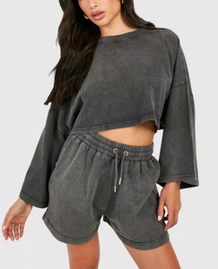 OEM Summer Women Clothing Washed Shorts Set Custom Streetwear Gym Fitness Crop Top Activewear Drop Shoulder Two Piece Set - Product Image 6