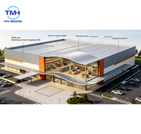 Centre commercial préfabriqué en structure métallique, type entrepôt, grande portée, hypermarché, supermarché, bâtiment commercial