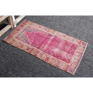 Vintage Turkish Small Rug 2x3.7 ft, Pink <b>Yellow</b> Geometric <b>Wool</b> Rug - Product Image 3