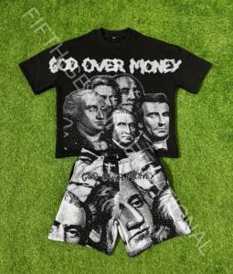 Camiseta de 2 piezas hecha a medida y conjunto corto boxy fit recortado 100% algodón French Terry con serigrafía gráfica y pedrería - Product Image 1