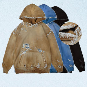 Hip Hop Acid Wash Strass À Capuche Personnalisé Soleil Faded Surdimensionné Pull Noir Hommes Hoodies - Product Image 1