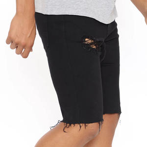 2025 été hommes en détresse jean Shorts coupe régulière respirant Denim solide impression lumière/foncé lavage bouton formel brut ourlet décontracté - Product Image 3