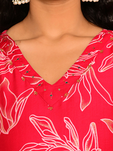 Women Red Leaf Print Cotton Salwar Kameez Ethnic Party Summer V Neck <b>Three</b> <b>Quarter</b> Sleeve Calf Length Quick Dry Regular Fit Set - Product Image 5