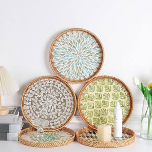 Bandejas tejidas a mano con patrón de mosaico de nácar, bandeja para servir bebidas de desayuno MOP de ratán de primera elección - Product Image 4