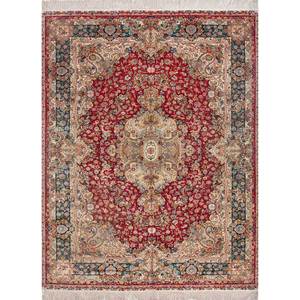 Tapis en soie noué à la main Gulmarg, rouge et orange, motif médaillon Tabriz, styles rectangulaires pour la maison, design classique rectangulaire 9x12 pour le salon - Product Image 1
