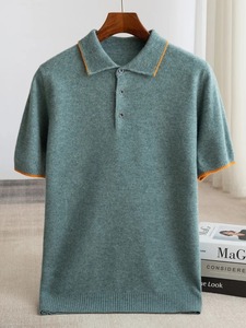100% pull en mérinos été hommes revers pull à manches courtes POLO cou pull haut ample tricoté vêtements grande taille T-shirt - Product Image 4