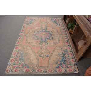 Tapis en laine turque vintage de 4.5x7,2 pieds, tissage plat patchwork beige et bleu pour décorations de salon avec support en latex - Product Image 1