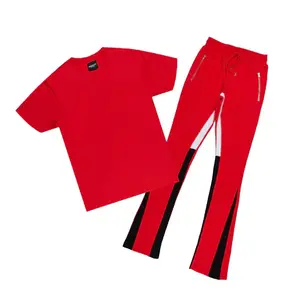 Men High Street Fashion Red Cotton Stacked Trousers With Oversized T Shirt Set Men Flared Sweat Suit Set For Sale
