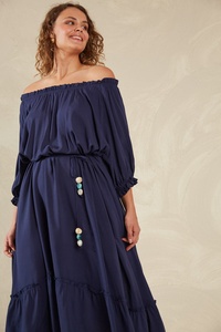 Manga larga estilo bohemio manga larga 100% tela de rayón azul Maxi vestido vacaciones mujeres sin tirantes con vestido de mujer escalonado - Product Image 5