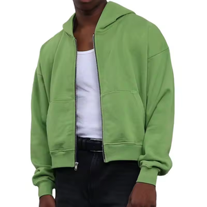 Sudadera con capucha y cremallera recortada en blanco verde francés Terry Heavyweight Drop Shoulder Boxy Fit holgada con cremallera recortada para hombre - Product Image 1
