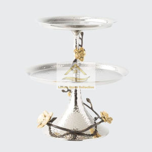 Support à Gâteau Artistique en Métal Moulé en Aluminium avec Design Martelé avec Feuille Autour de 2 Niveaux Support à Gâteau de Service d'Inde - Product Image 1