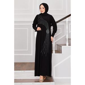 Sandy Black Hijab Dress with Open-Collar & Stone Details Long Crepe and Cotton Muslim <b>Abaya</b> for Summer Winter Sizes XS to 6XL - Product Image 2